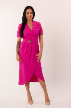 Midi sakové šaty s prekladaným výstrihom - cyklamenovo ružové