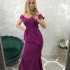 Elegantné dlhé šaty s lodičkovým výstrihom - cyklamenovo fialové