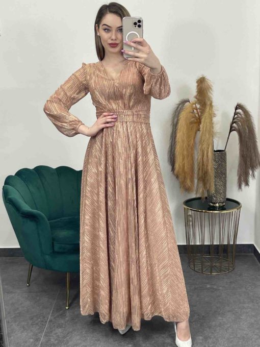 Dlhé elegantné šaty so zlatými vzormi a s dlhými rukávmi - medené/zlaté