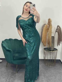 Dlhé luxusné priliehavé šaty so striebornými trblietkami - smaragdovo zelené