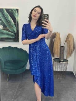 Elegantné dámske asymetrické šaty s flitrami - kráľovsky modré