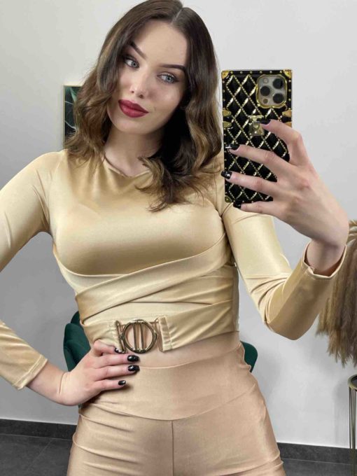 Dámsky krátky elegantný saténový top so zlatou prackou - zlatý
