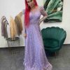 Nádherné rozprávkové šaty s dlhým rukávom a trblietkami - svetlo fialové