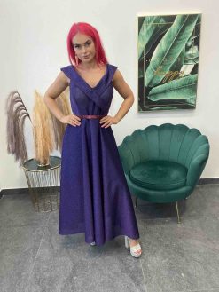 Elegantné midi turecké luxerové šaty s červeným opaskom - fialové