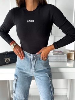 Pohodlné tričko s dlhým rukávom a nápisom icon - čierne